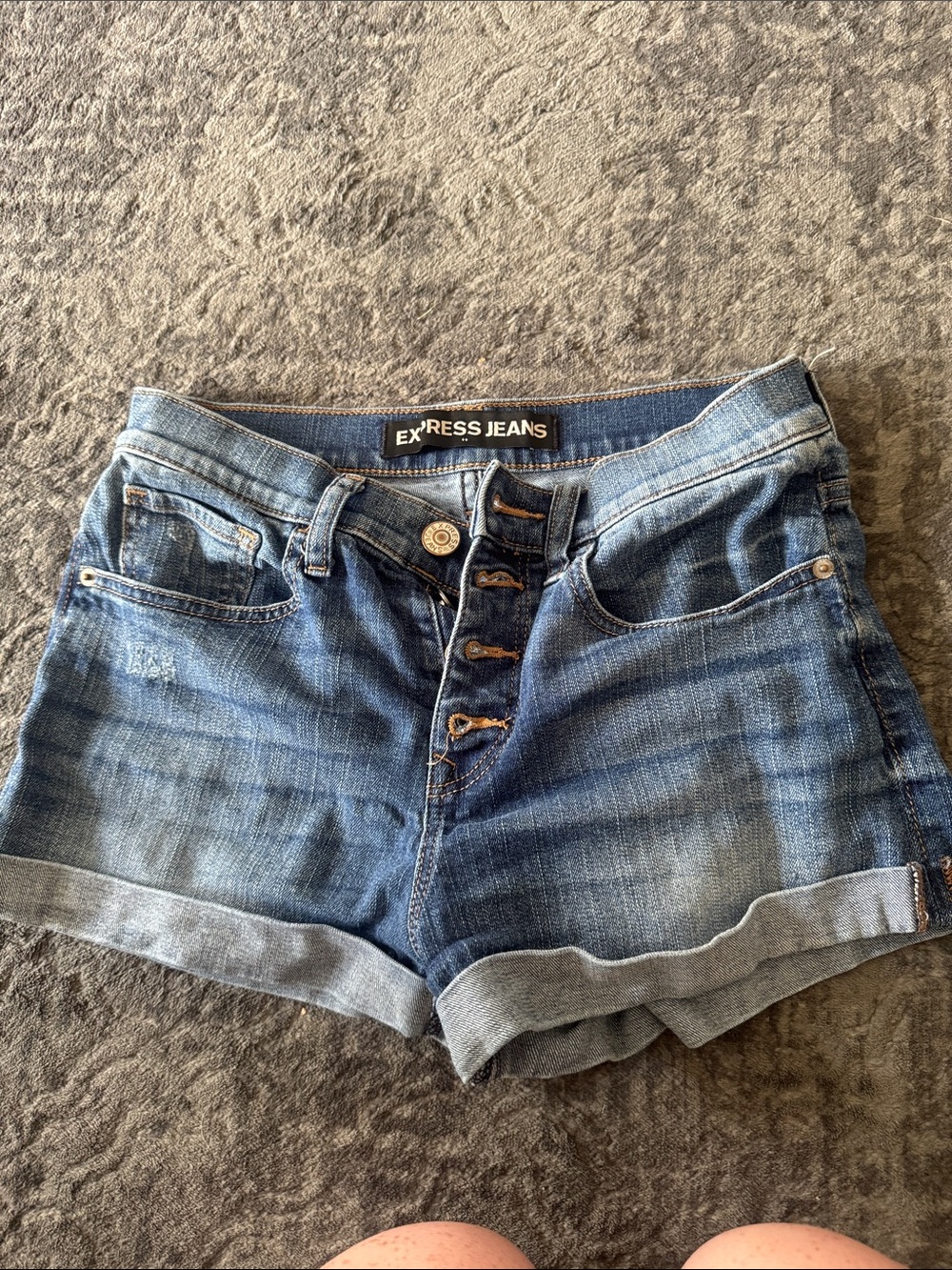 Express Medium Wash Rolled Hem Denim Shorts